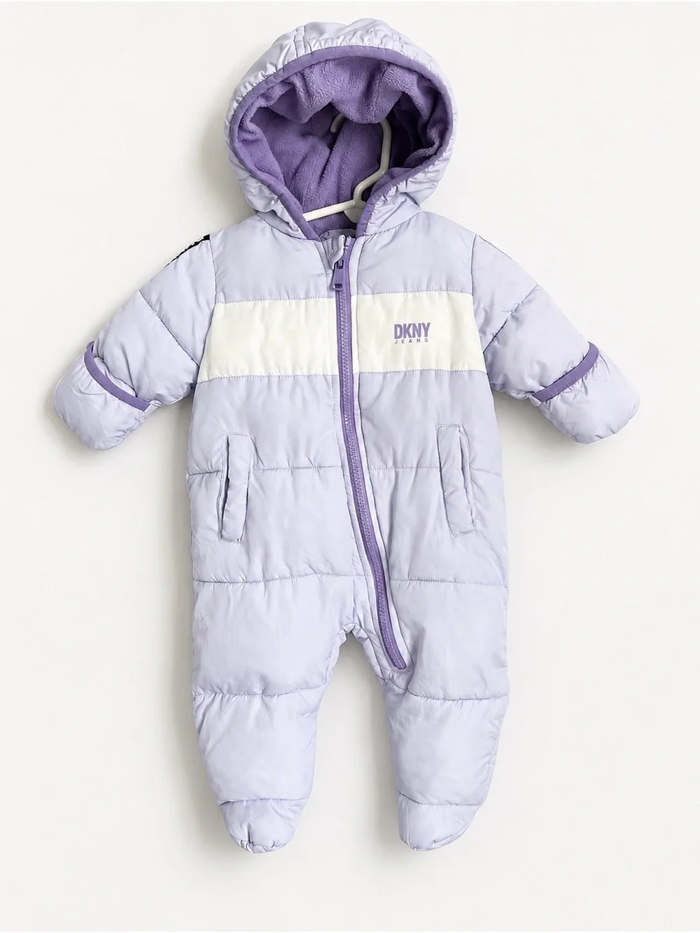 DKNY Lilac and White Baby Puffer Bunting with Hood